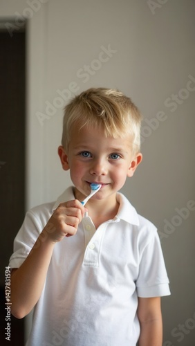 Obraz na płótnie Small blue-eyed blond boy in a white polo shirt brushing his teeth with a toothbrush in the room. w salonie