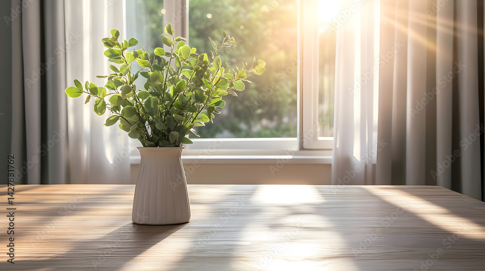 Fototapeta premium Sunlight Illuminates Green Plant on Table