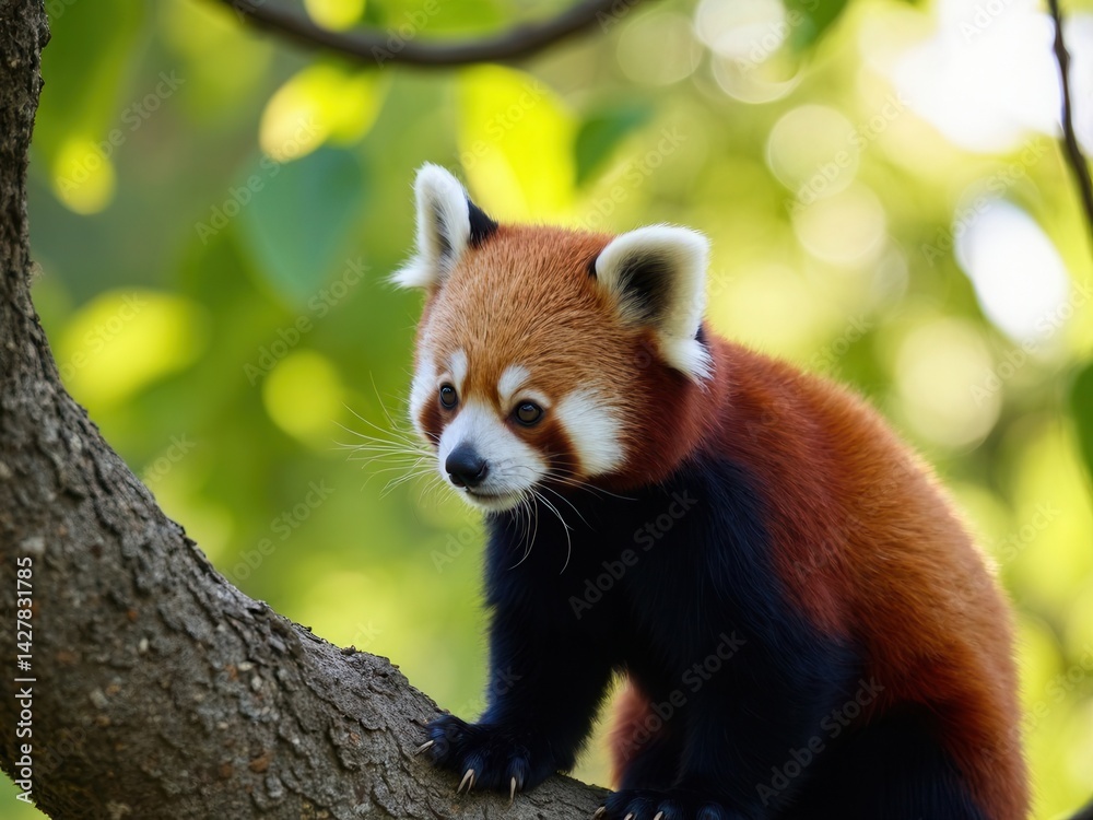 Red panda on a tree on a sunny day.