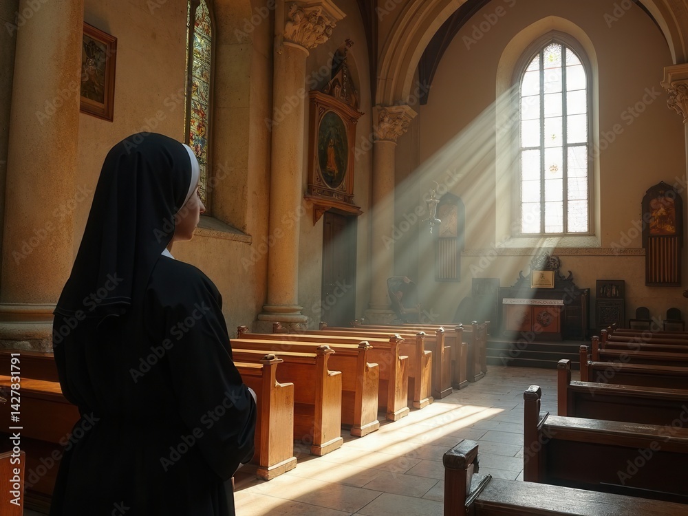 View from the back to the nun in the church, close-up.