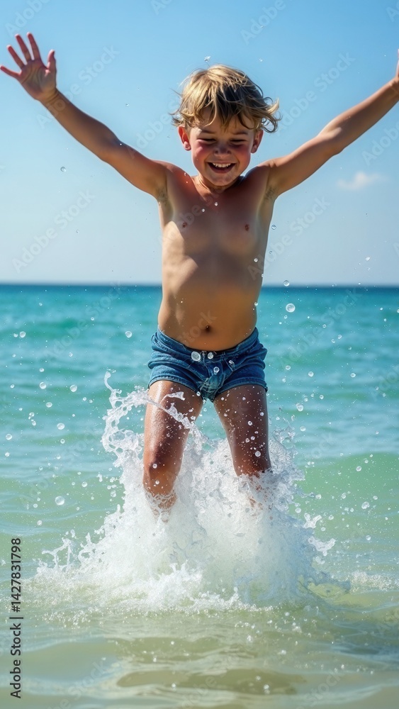 Jumping in the water. Kids have fun and splash in the water. Summer holiday concept.
