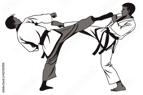 Karate Martial Arts Fighters In Silhouette Executing Kicks And Punches Demonstrating Discipline And Skillful Combat Techniques With Precise Movements