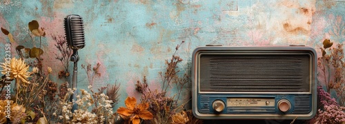 This vintage collage showcases a retro radio and an old microphone, elegantly surrounded by an array of dried flowers. The muted background enhances the nostalgic feel of the composition