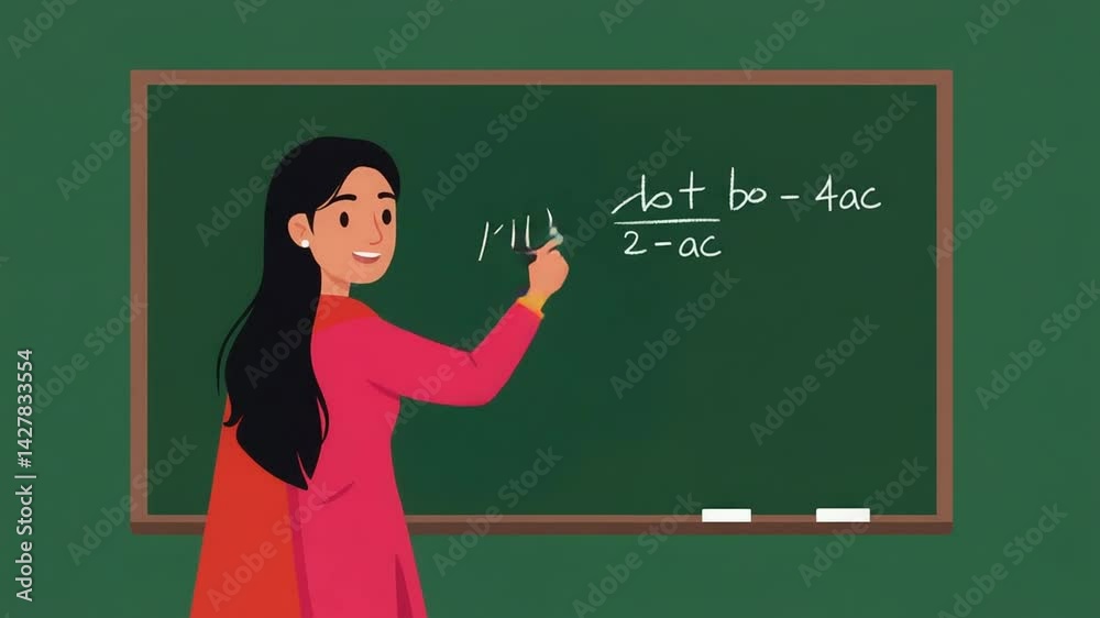 Smiling Female Teacher Writing Equation on Green Chalkboard
