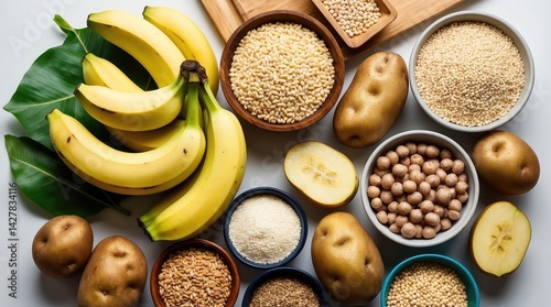 Fresh assortment of nutritious foods including bananas, potatoes, and grains promoting healthy digestion and starch resistant nutrition