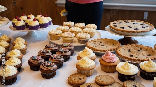Various freshly baked goods displayed on table for charity bake sale. Cupcakes, cookies, pies assortment. Treats decorated with frosting, sprinkles. Homemade baking for fundraising event, tasty snack.