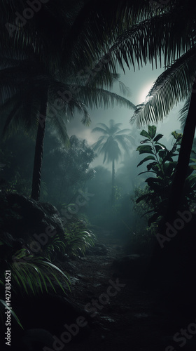 Mysterious rainforest path moonlit night lush palms dark green tones misty ambiance tranquil scene