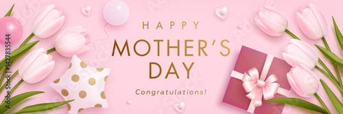 Mother's day poster, banner, greeting card design template with realistic 3d tulips, gift box and helium balloons on pink background. Landing page, wallpaper, billboard, flyer. Vector illustration