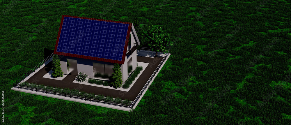 A small house with a blue roof and a white trim