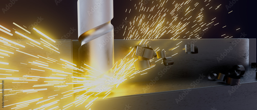 A close up of a drill bit cutting into a piece of metal