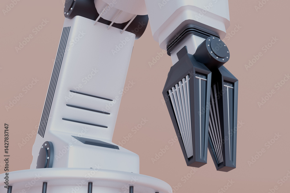 A robot with a claw on its arm is shown in a brown background