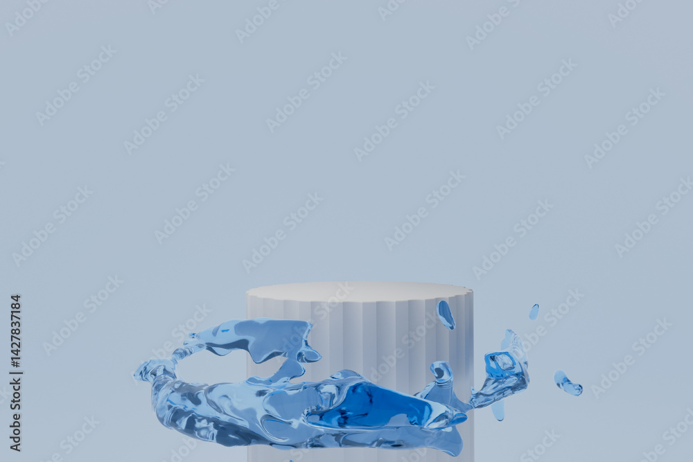 A white pedestal with a blue splash of water on it