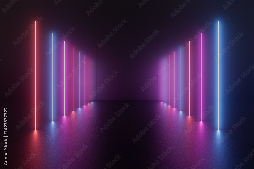 A long hallway with neon lights in a dark room