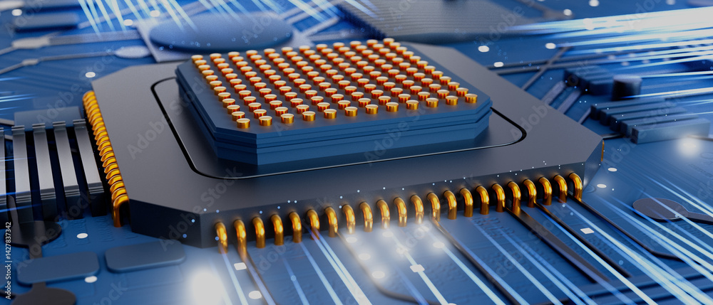 A computer motherboard chip is shown in a blue background with a white outline