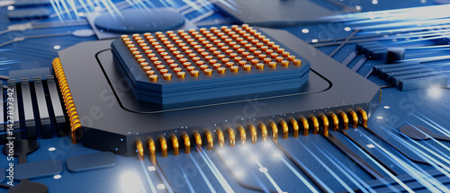 Obraz na płótnie A computer motherboard chip is shown in a blue background with a white outline w salonie