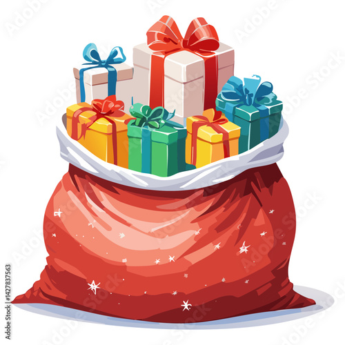 Festive Red Gift Bag Overflowing with Presents in Various Colors Represents the Joy and Spirit of the Holiday Season Perfect for Use in Decorations Invitations and Marketing for Celebratory Events