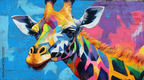 A colorful mural on a brick wall depicts a vibrant, geometric giraffe.