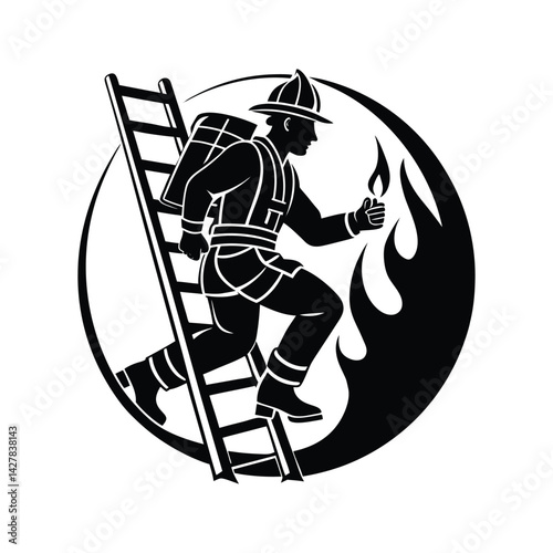 Firefighter on tall ladder icon silhouette vector with white background