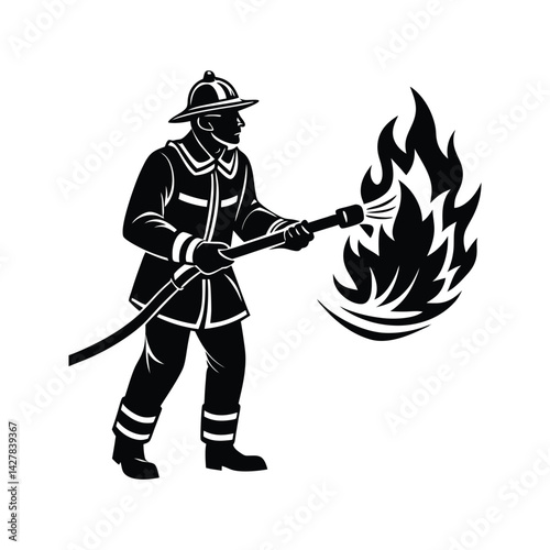 Firefighter extinguishing fire icon silhouette vector with white background
