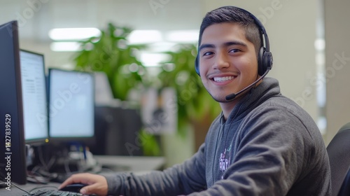 Portrait of happy young male customer support operator sitting at his desk in call center