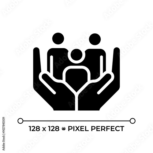 Right to social security pixel perfect glyph solid icon. Support all community members. Inclusion program development. Black silhouette symbol on negative space. Vector isolated illustration