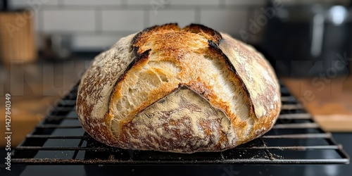 A freshly baked loaf of sourdough bread with a crispy golden crust