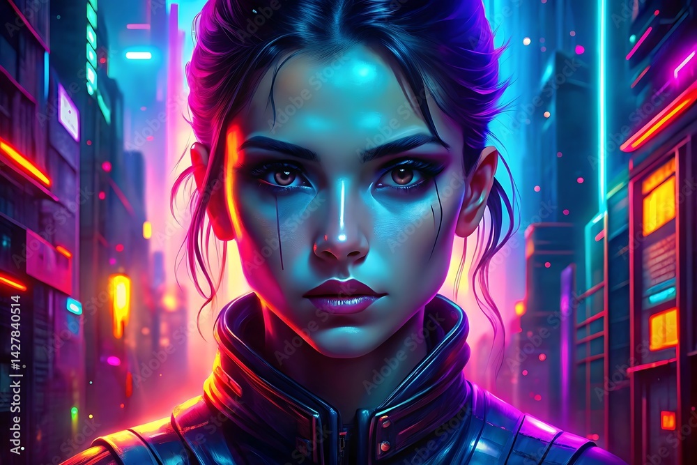 Woman with a black jacket and a blue and purple background Woman with a black jacket and a blue and purple background