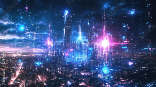 Bright city lights explode in a colorful fireworks celebration under the starry night sky