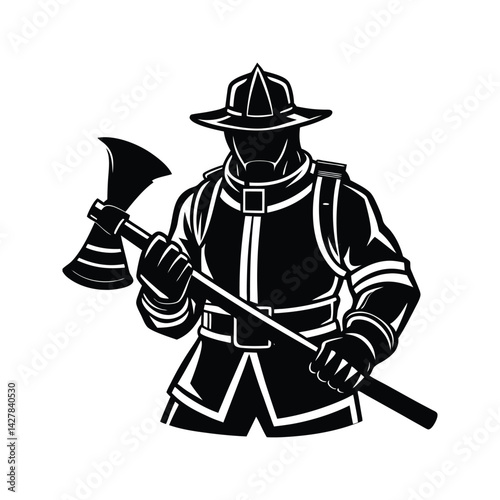 Fireman ready with axe icon silhouette vector with white background