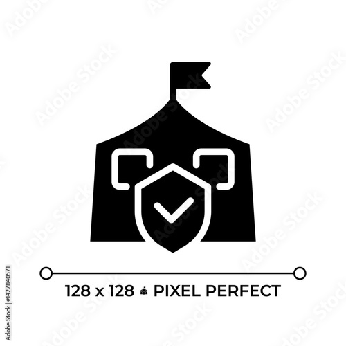 Right to asylum in other countries from persecution pixel perfect glyph solid icon. Refugees protection program. Security. Black silhouette symbol on negative space. Vector isolated illustration