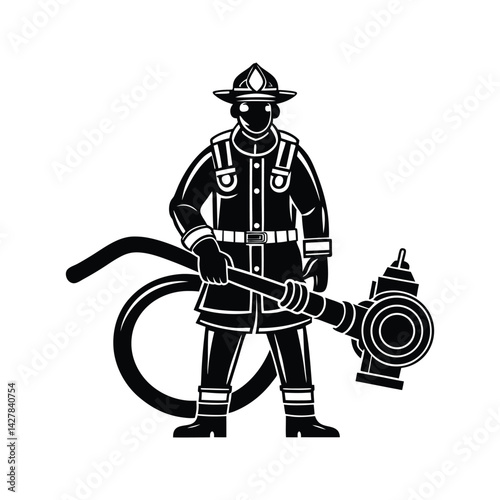 Firefighter handling fire hose icon silhouette vector with white background