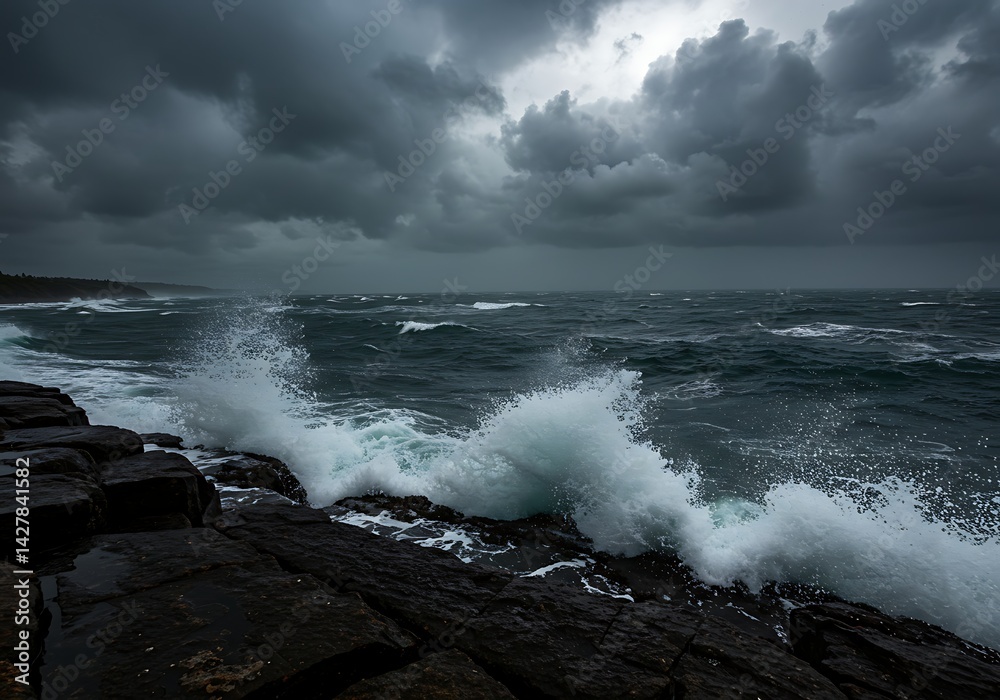 Fototapeta premium Stormy sea waves crashing on rocks under dark cloudy sky ocean water seascape nature photography