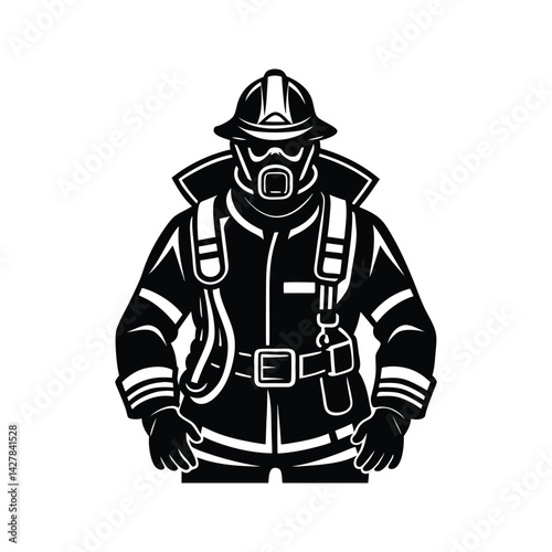 Firefighter dressed for duty icon silhouette vector with white background