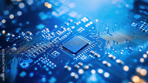 A macro closeup reveals the intricate digital network of a computer circuit board's microchip technology