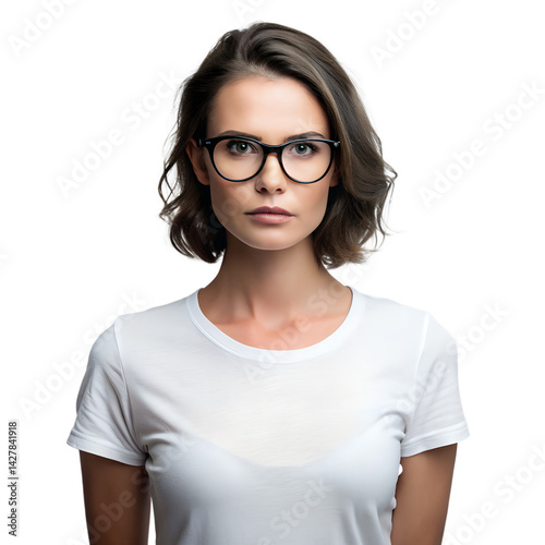 Serious Woman with Glasses Standing in White T-Shirt