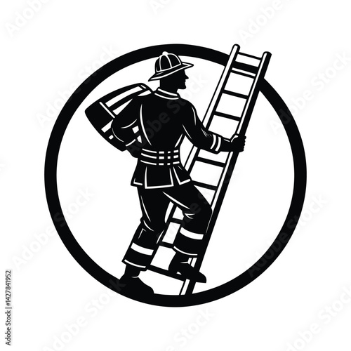 Firefighter lifting ladder icon silhouette vector with white background
