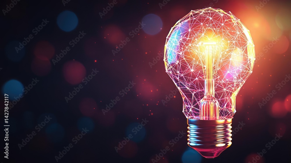 Polygon lightbulb with innovation and exchange concept. A glowing light bulb with digital connections and vibrant colors. Polygon lightbulb with innovation and exchange concept. A glowing light bulb with digital connections and vibrant colors.
