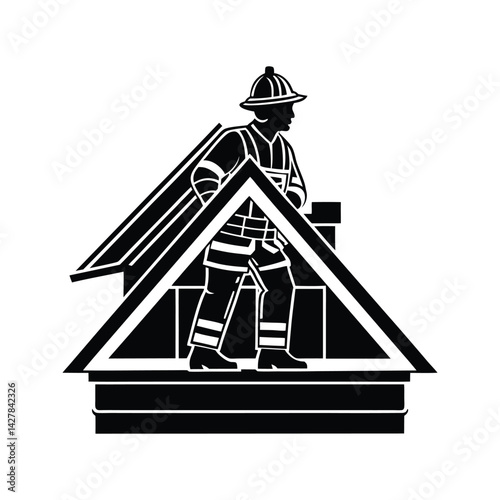 Fireman working on rooftop icon silhouette vector with white background