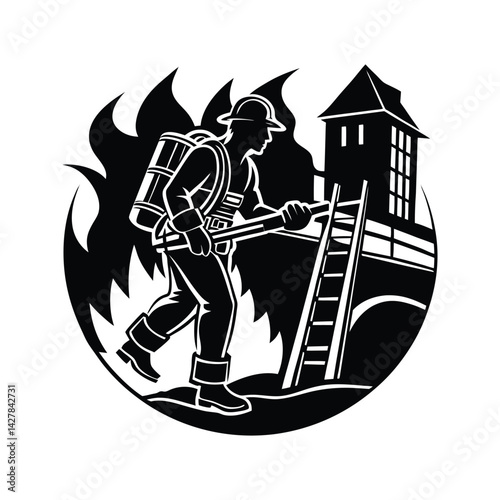 Firefighter helping in rescue icon silhouette vector with white background