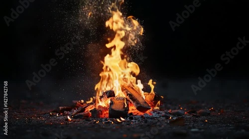Burning Embers: Captivating scene of blazing fire set against a darkened backdrop. Flickering flames dance upon a pyre of wood and the embers that are the leftover materials.