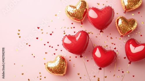 A festive arrangement of red and gold heart-shaped balloons with ribbons