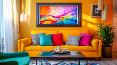 living room with frame mockup and colorful touch