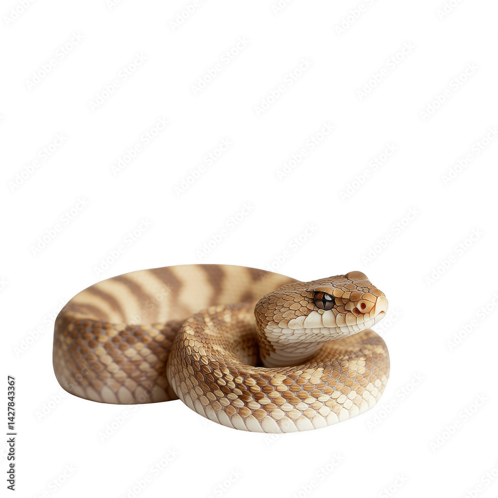 Fototapeta premium A close-up of a rattlesnake with its distinctive patterned scales and piercing eyes. It has a coiled body, ready to strike, a symbol of danger and wilderness.