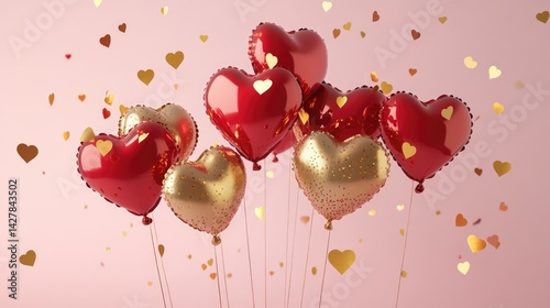 A festive arrangement of red and gold heart-shaped balloons with ribbons