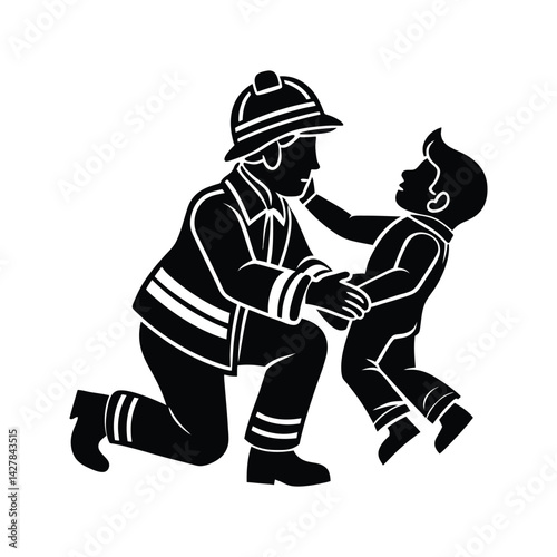 Fireman saving young child icon silhouette vector with white background