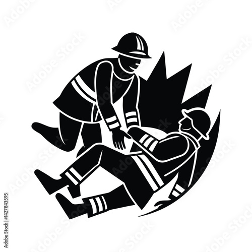 Emergency rescue by firefighter icon silhouette vector with white background