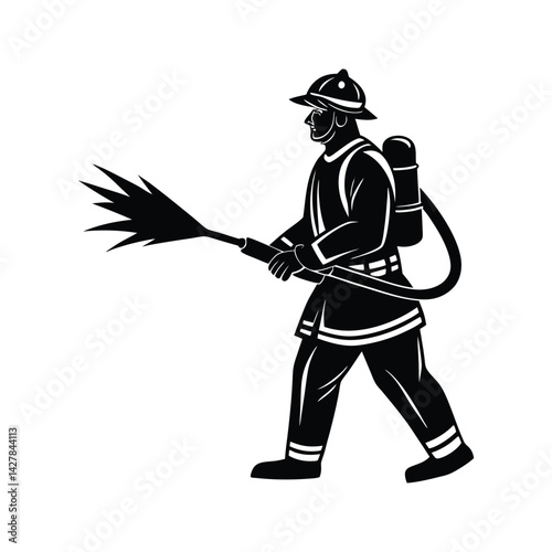 Firefighter spraying water icon silhouette vector with white background