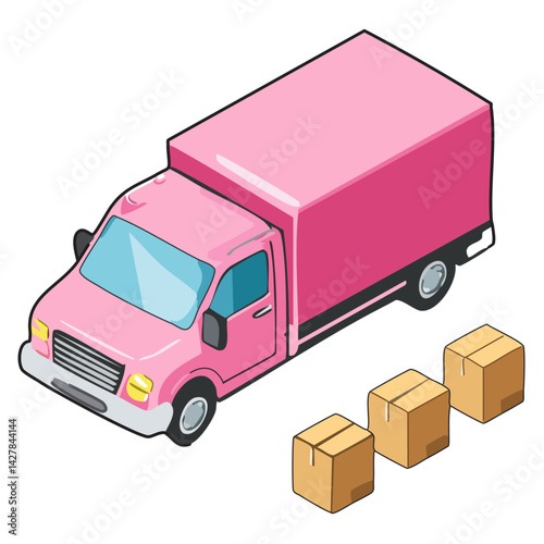 Delightful Illustration of a Pink Delivery Truck Loaded with Boxes Captures the Essence of Shipping and Logistics Charming Viewers While Emphasizing the Importance of Quick and Efficient Deliveries