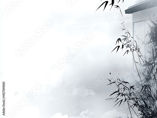 Monochrome serene bamboo garden with minimalist architectural detail