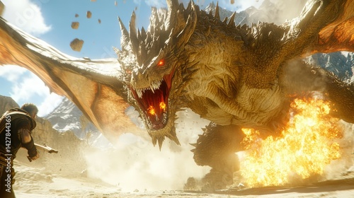 a close up of a dragon attacking a man with a sword